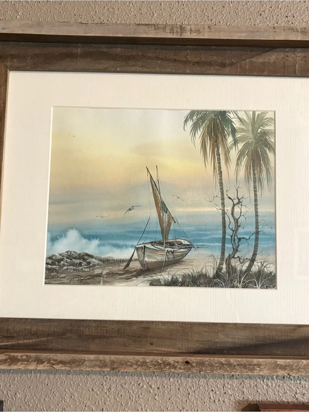 Coastal Boat Artwork Pair in Rustic Wood Frames - Blue, Tan, Cream